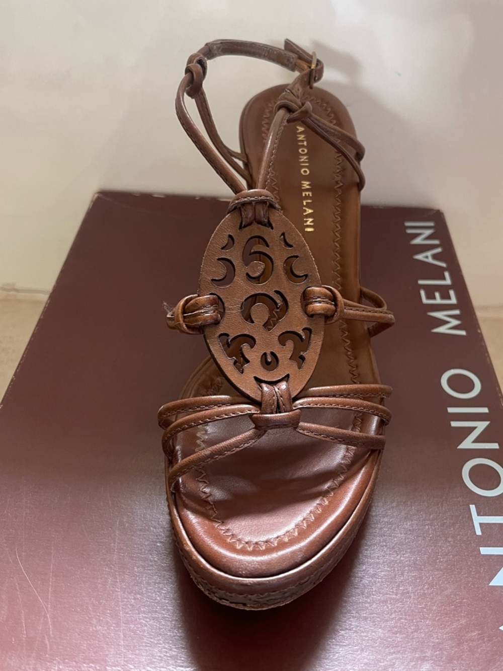 ANTONIO MELANI Brown Leather Cutout Medallion Strappy Sandal